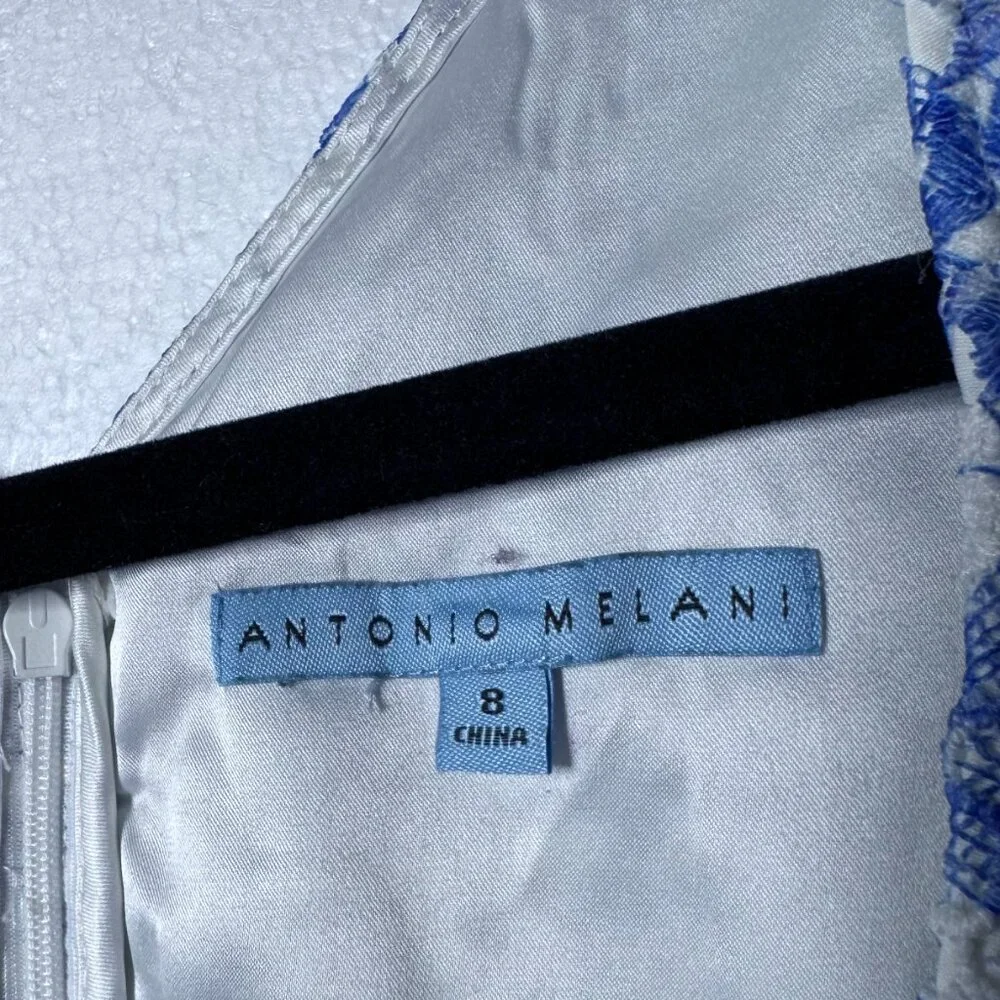 Antonio Melani Womens Size 8 Blue White Lace Floral Sheath Dress Scalloped Hem - Picture 2 of 12
